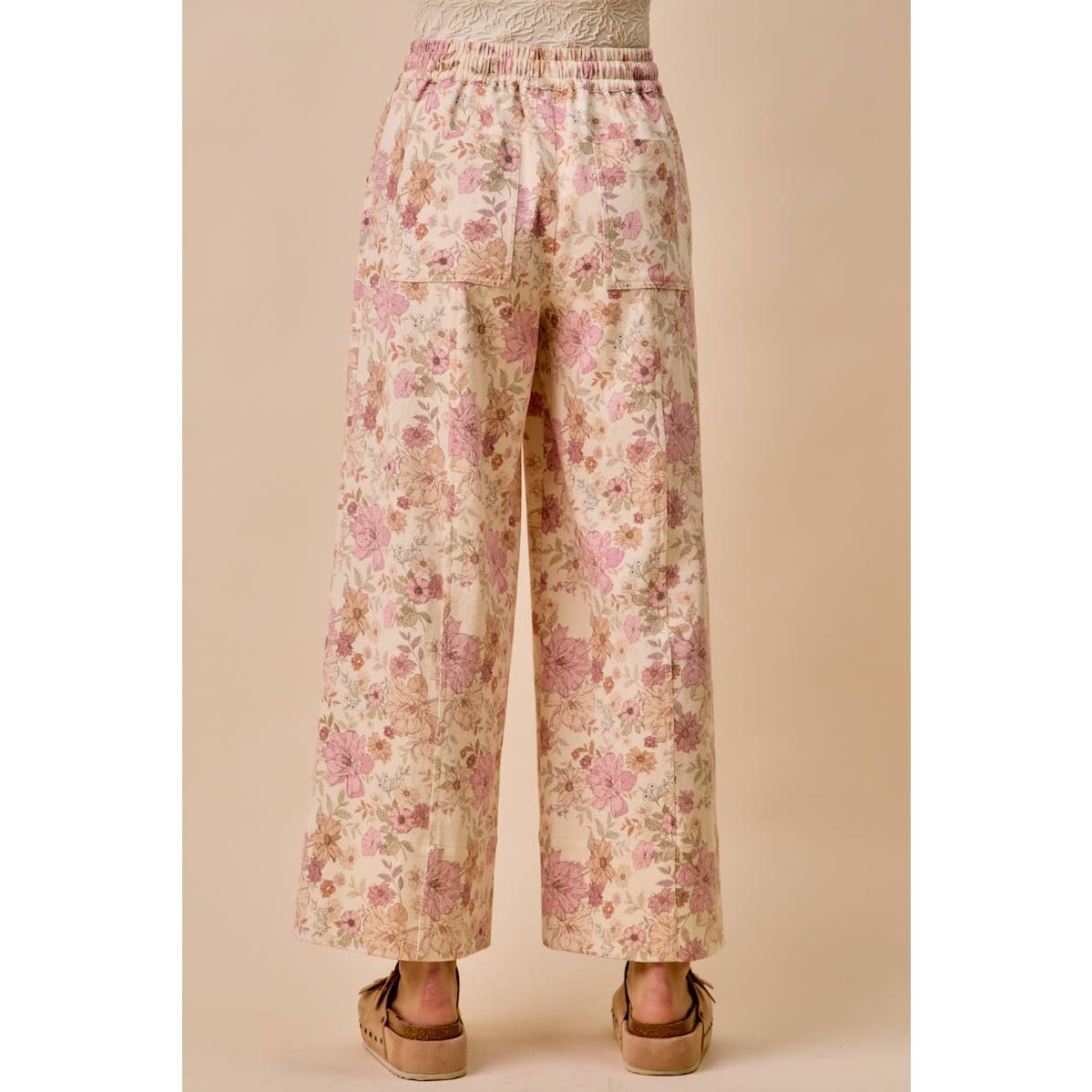 FLORAL COTTON TWILL ELASTICIZED WAIST WIDE PANTS: BLUSH PINK