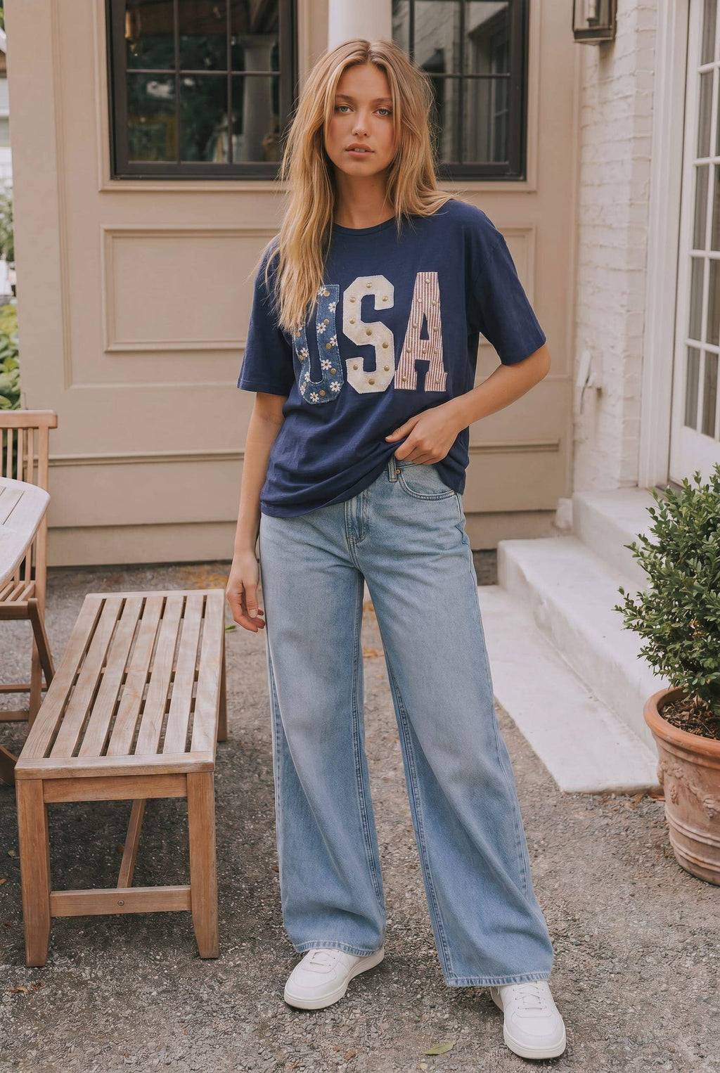 Mixed-Media Studded USA Graphic Tee: NAVY