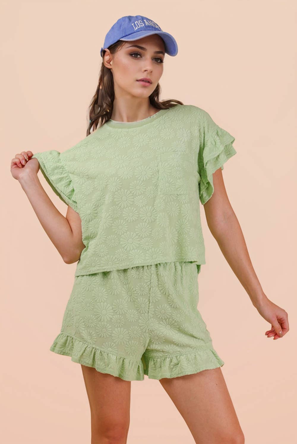 NEW IN — Floral Textured Ruffled Knit Top & Shorts Set: Sage