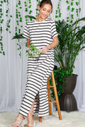 Crew Neck Striped Cotton T-Shirt Maxi Dress: White