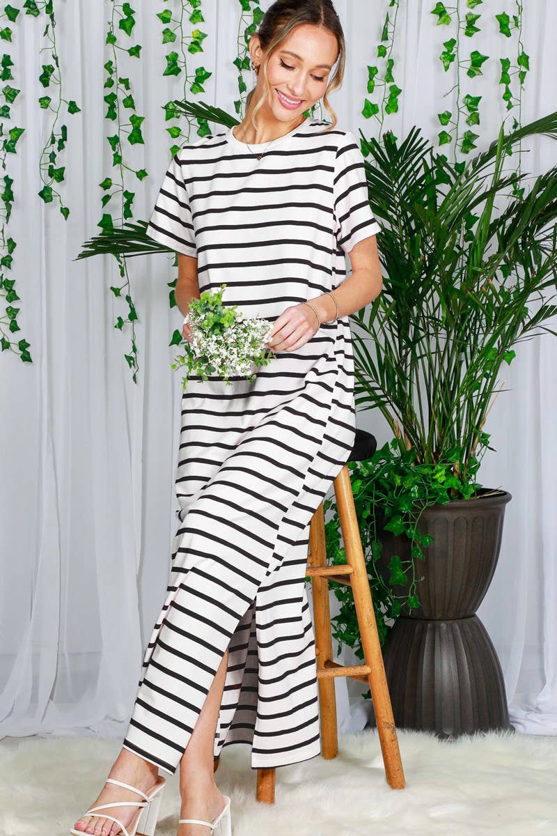 Crew Neck Striped Cotton T-Shirt Maxi Dress: White