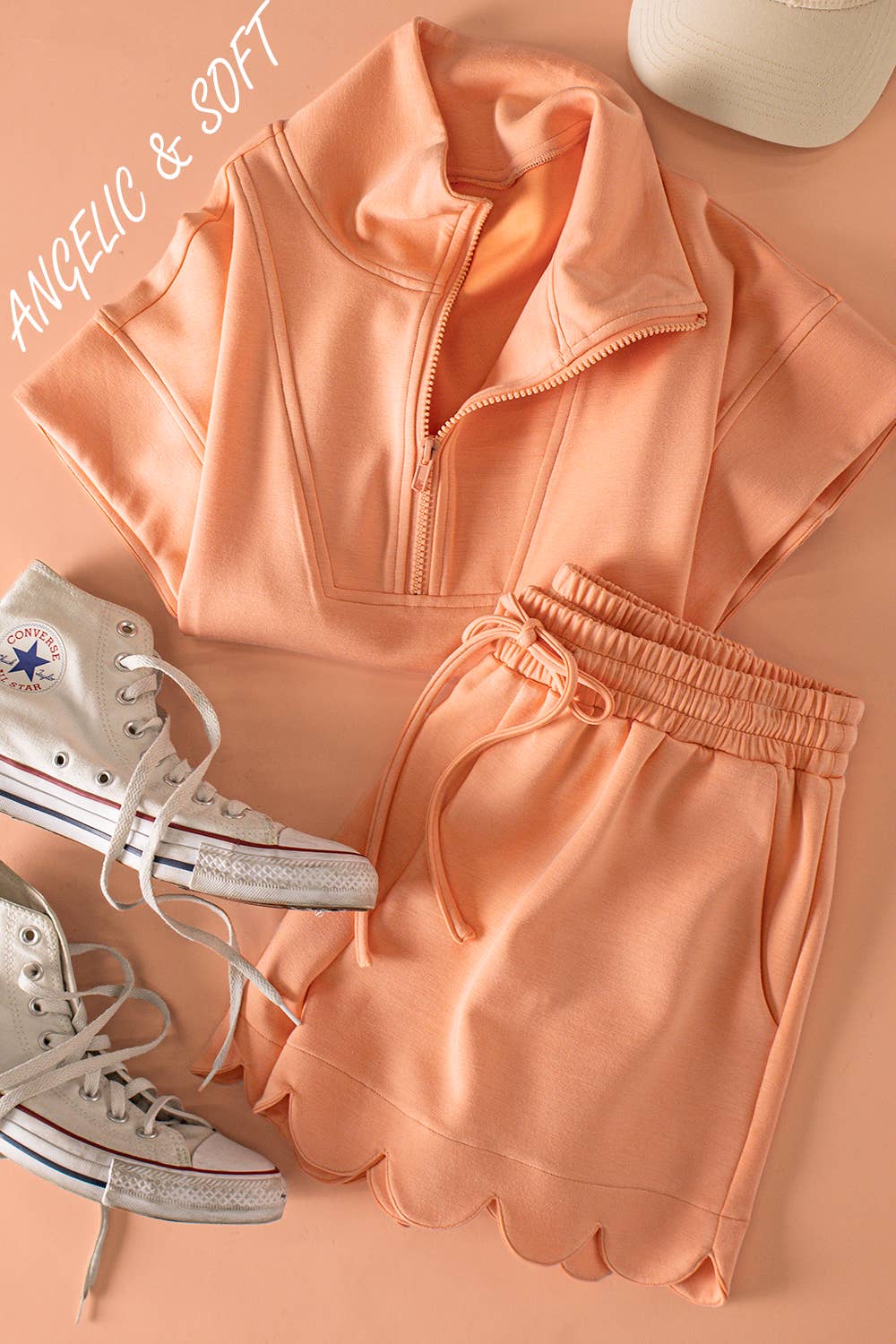NewIn Half-Zip Scallop Active Shorts Set: Coral