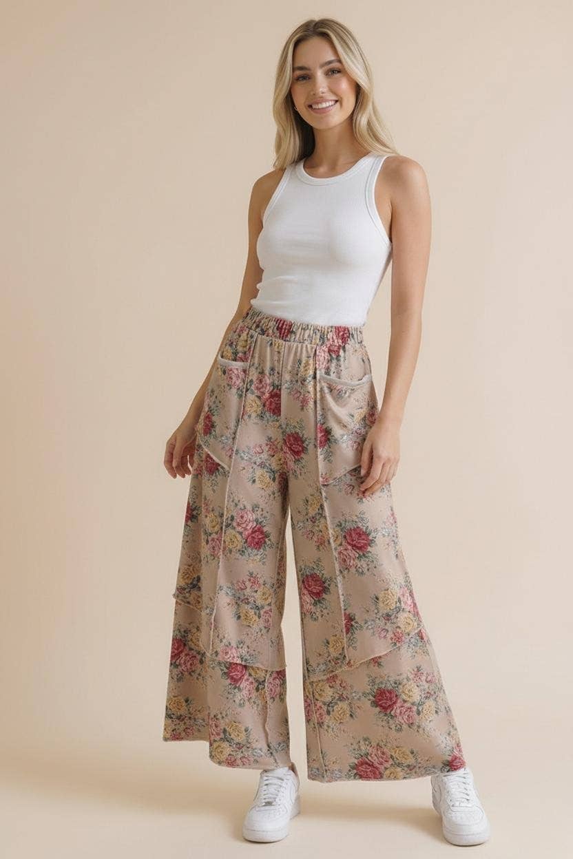 Elastic Waist Wide Leg Vintage Floral Pant: Oatmeal
