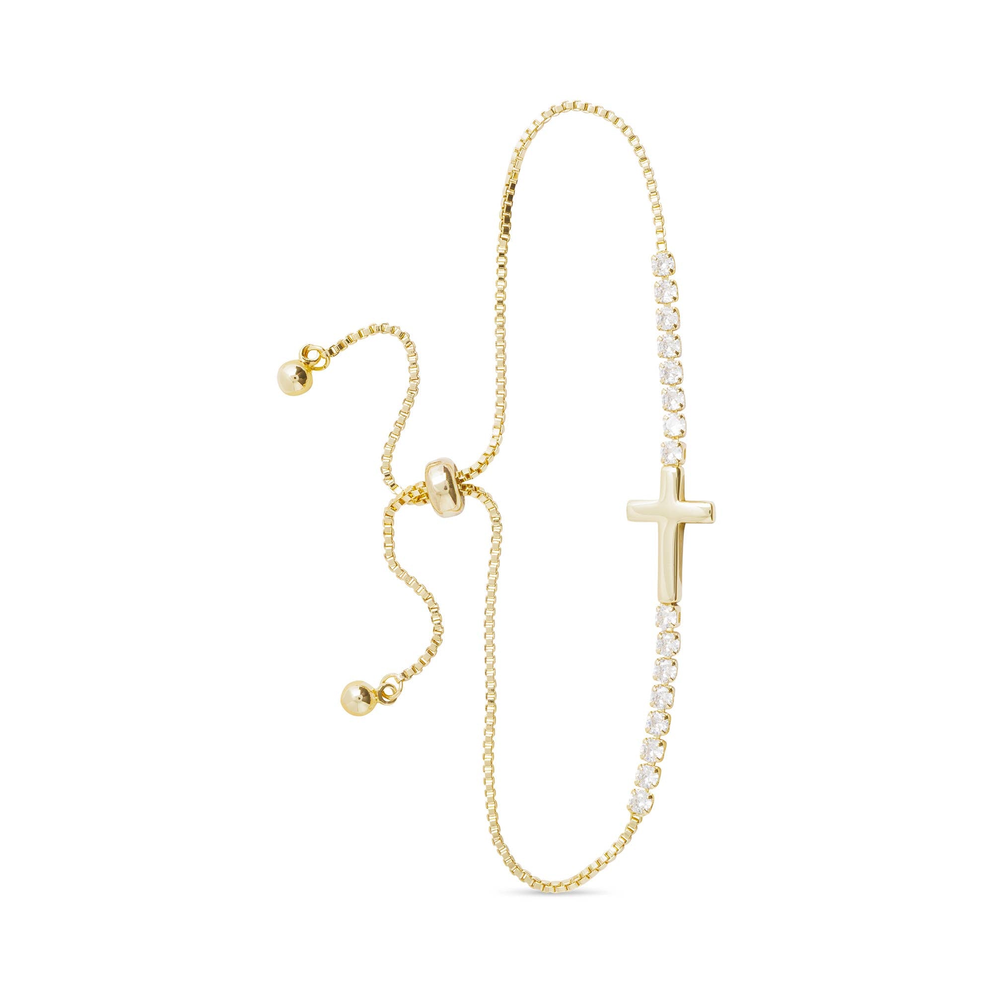 Gold CZ and Smooth Cross Pull Cord Bracelet