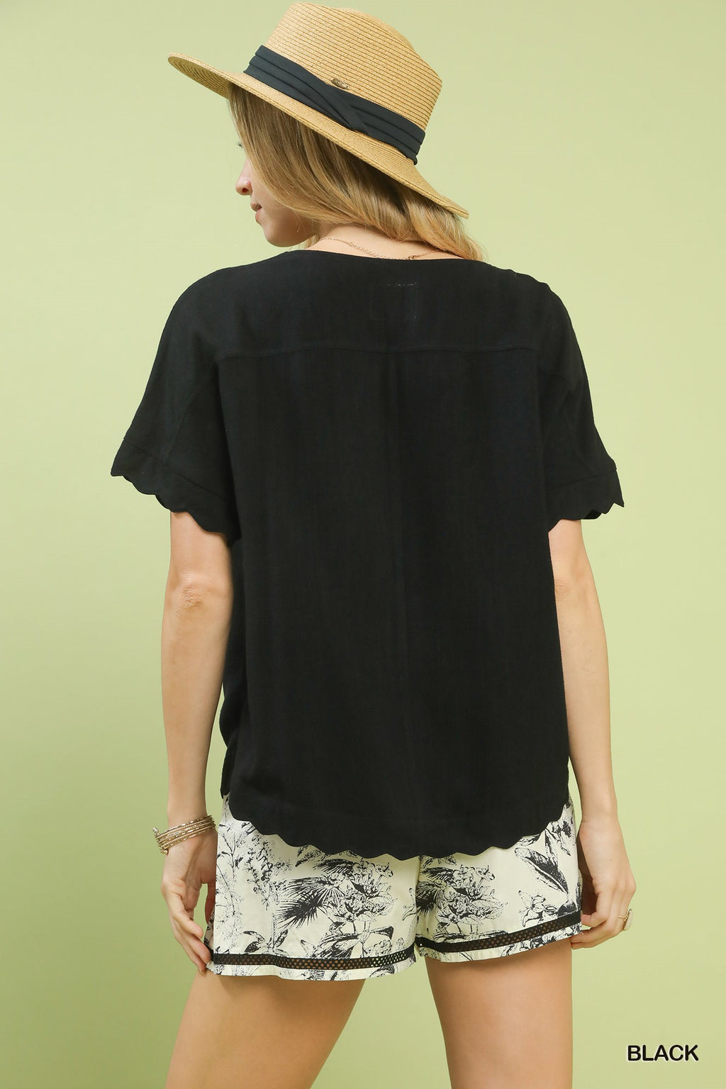 Linen Scallop Button Front Top