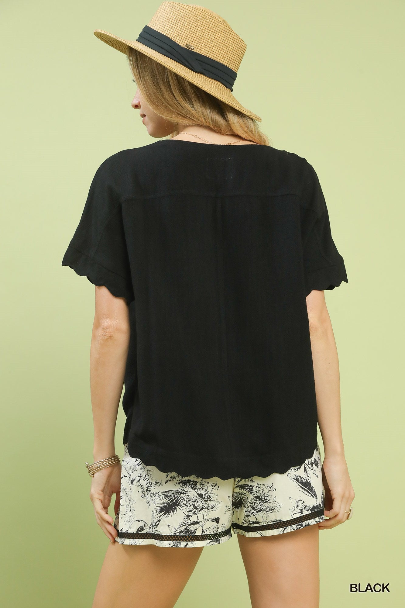 Linen Scallop Button Front Top