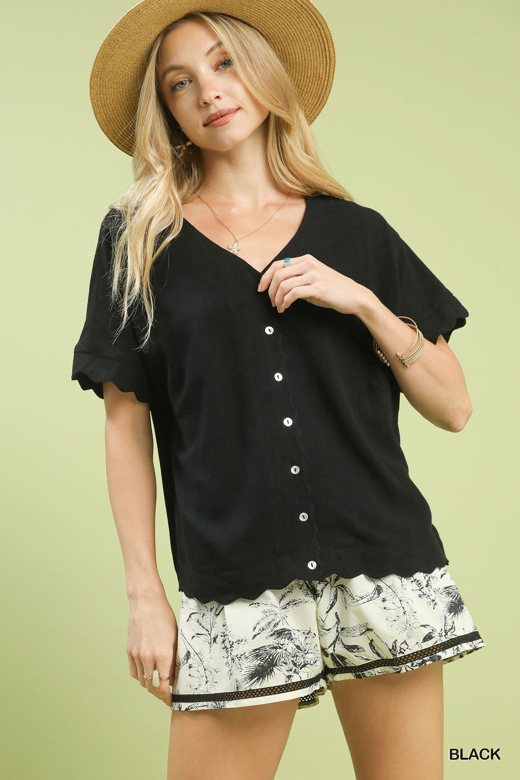 Linen Scallop Button Front Top