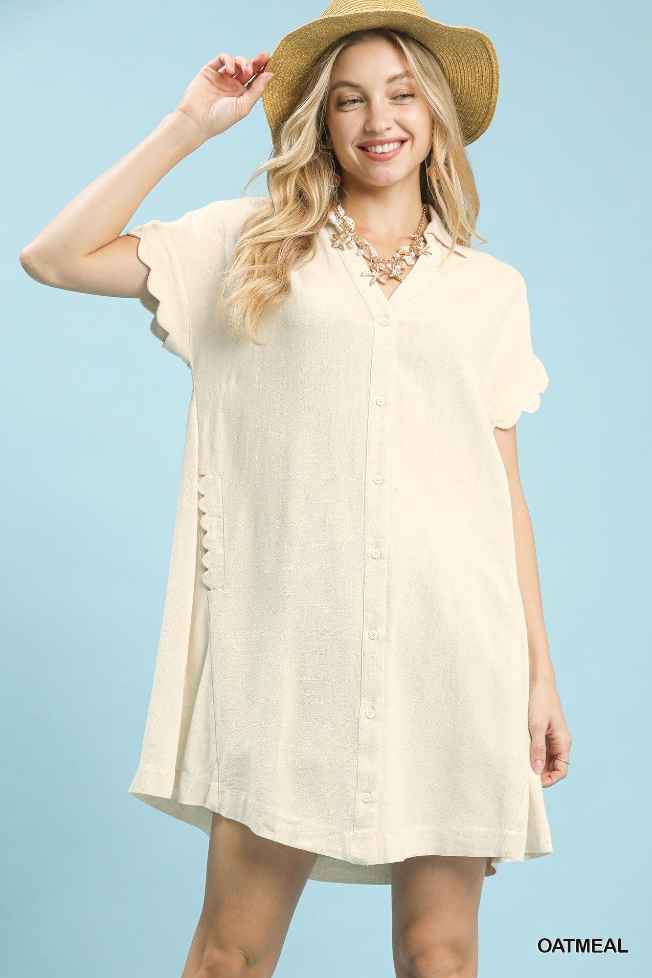 Linen Scallop Sleeve Button-Down Dress