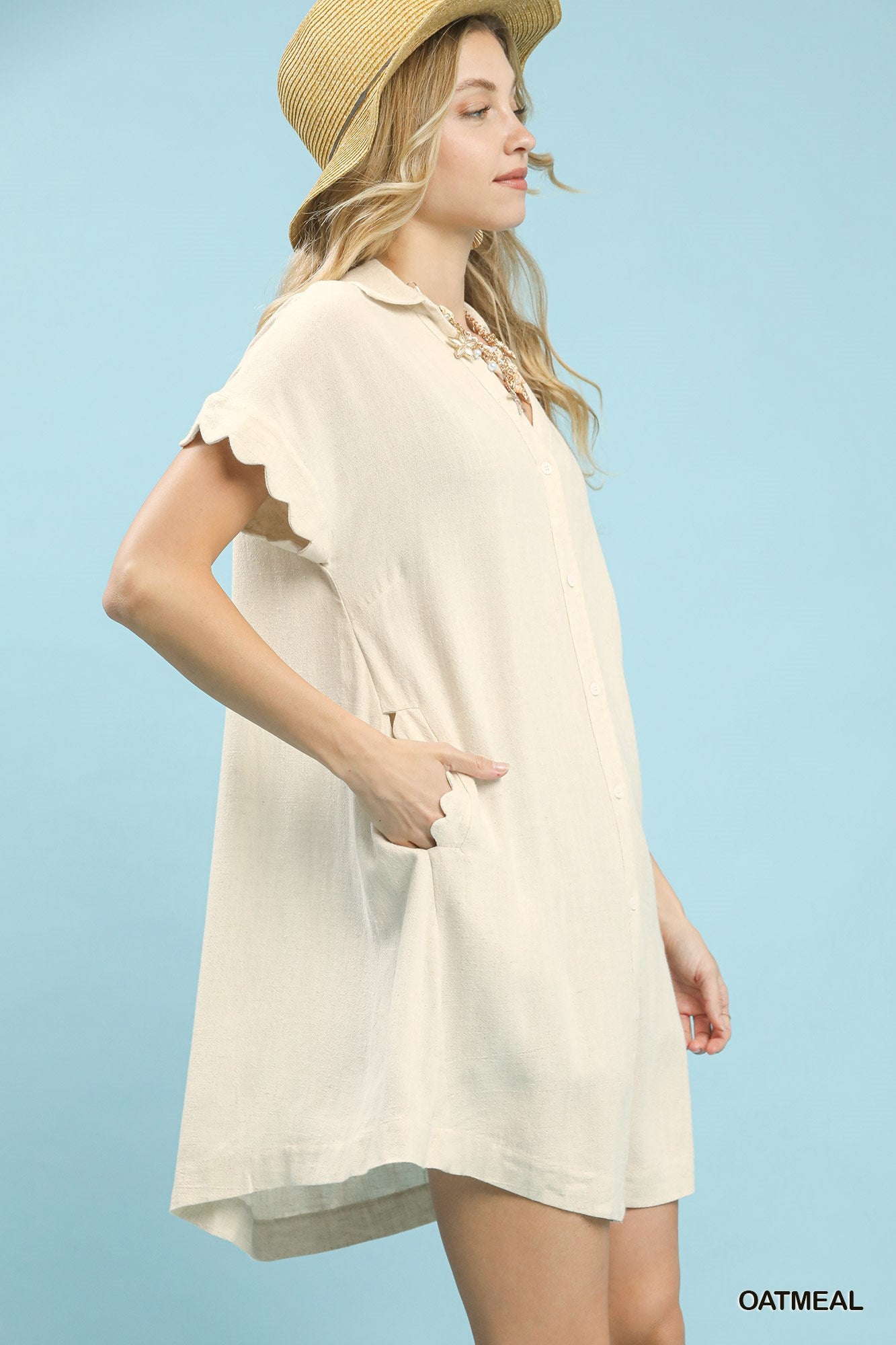 Linen Scallop Sleeve Button-Down Dress
