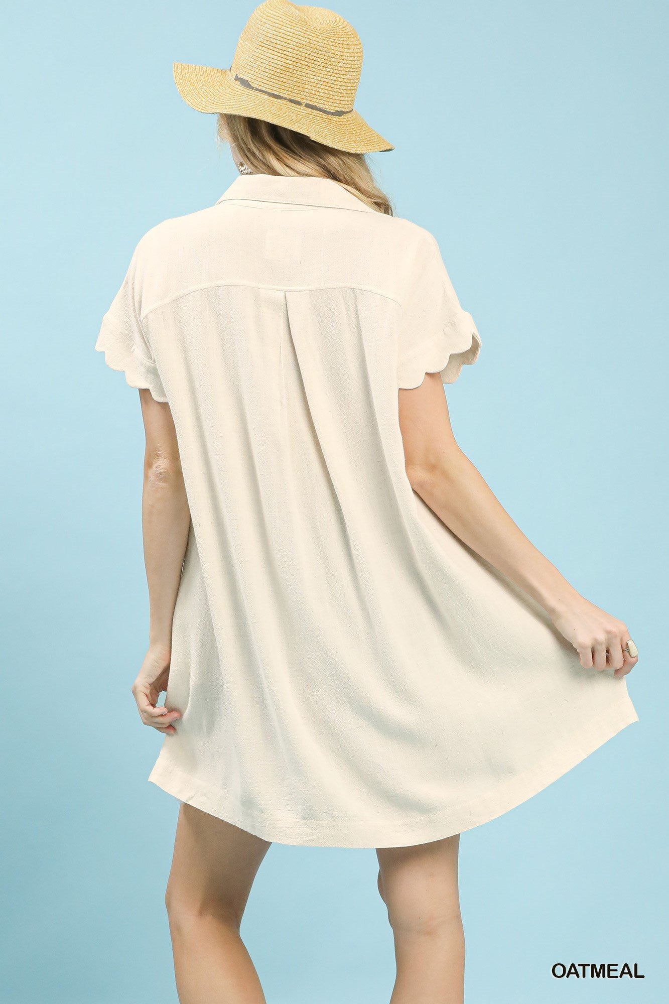 Linen Scallop Sleeve Button-Down Dress