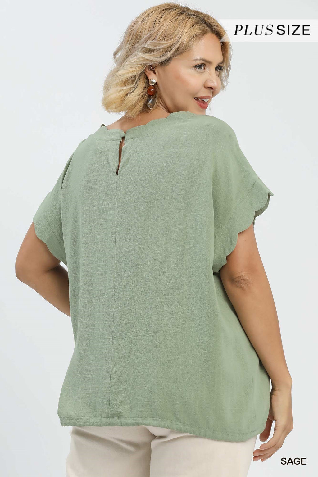 Linen Blend Rolled Sleeve Top: Sage