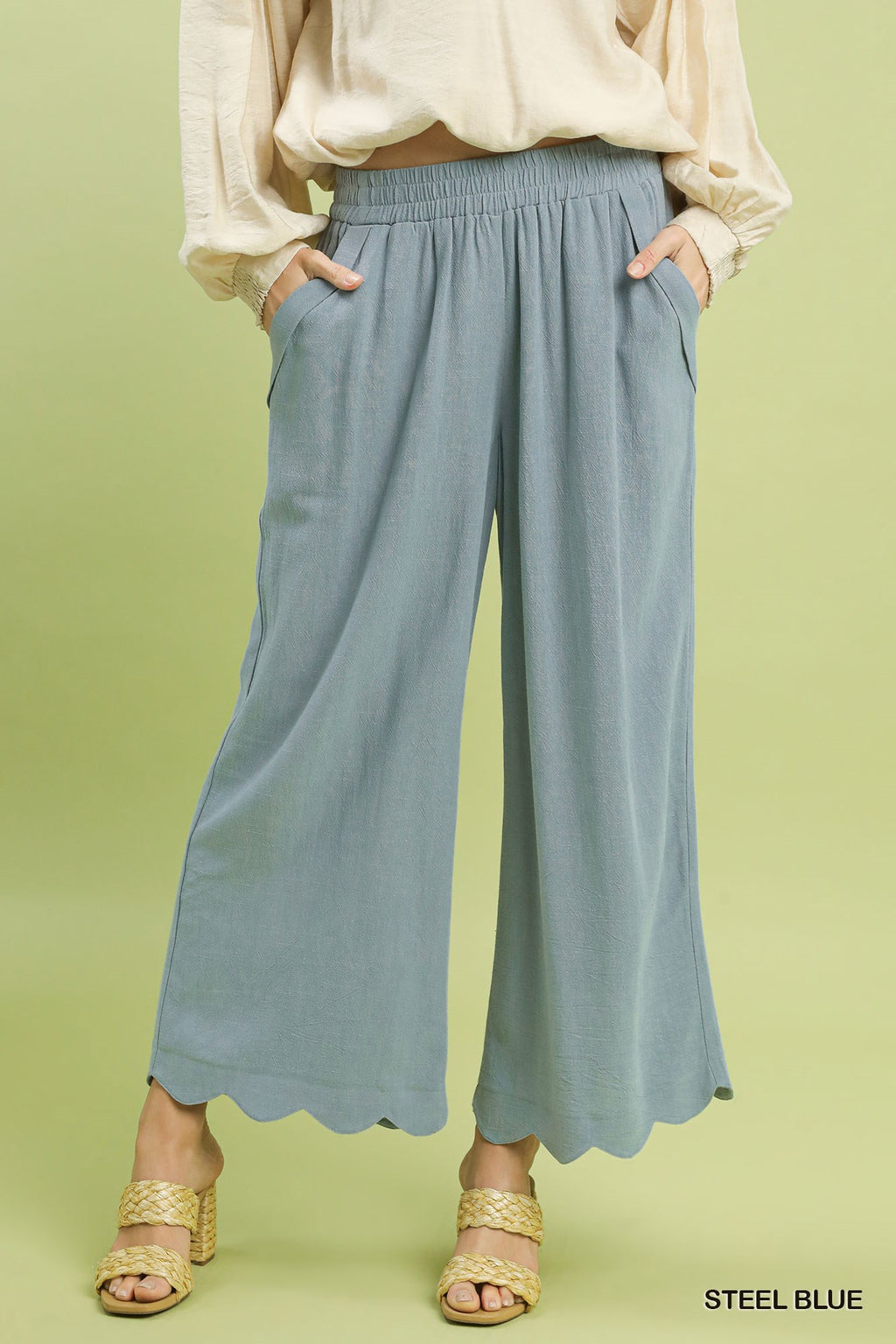 Linen Blend Scallop Hem Wide Leg Pants: Steel Blue