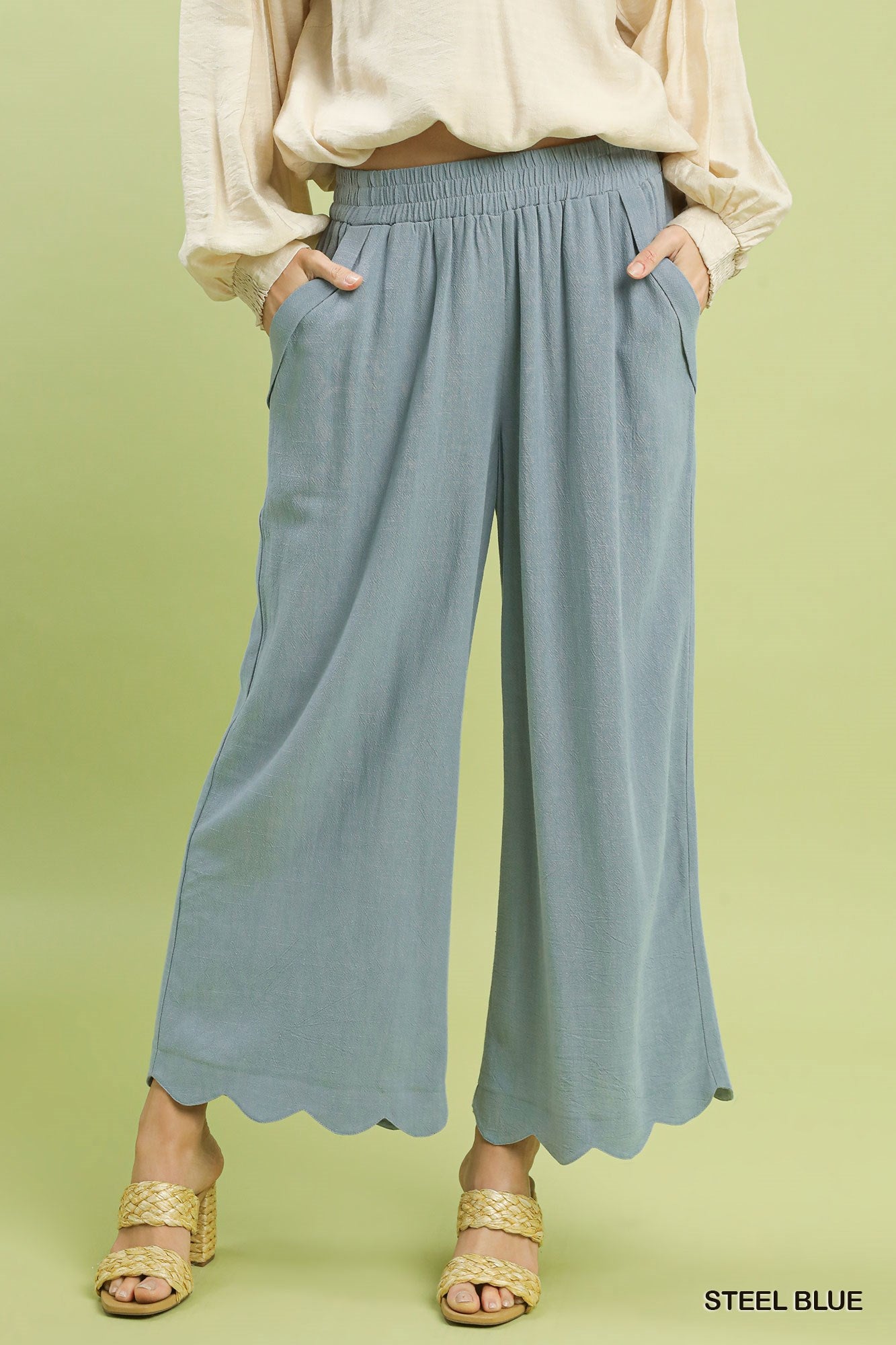 Linen Blend Scallop Hem Wide Leg Pants: Steel Blue