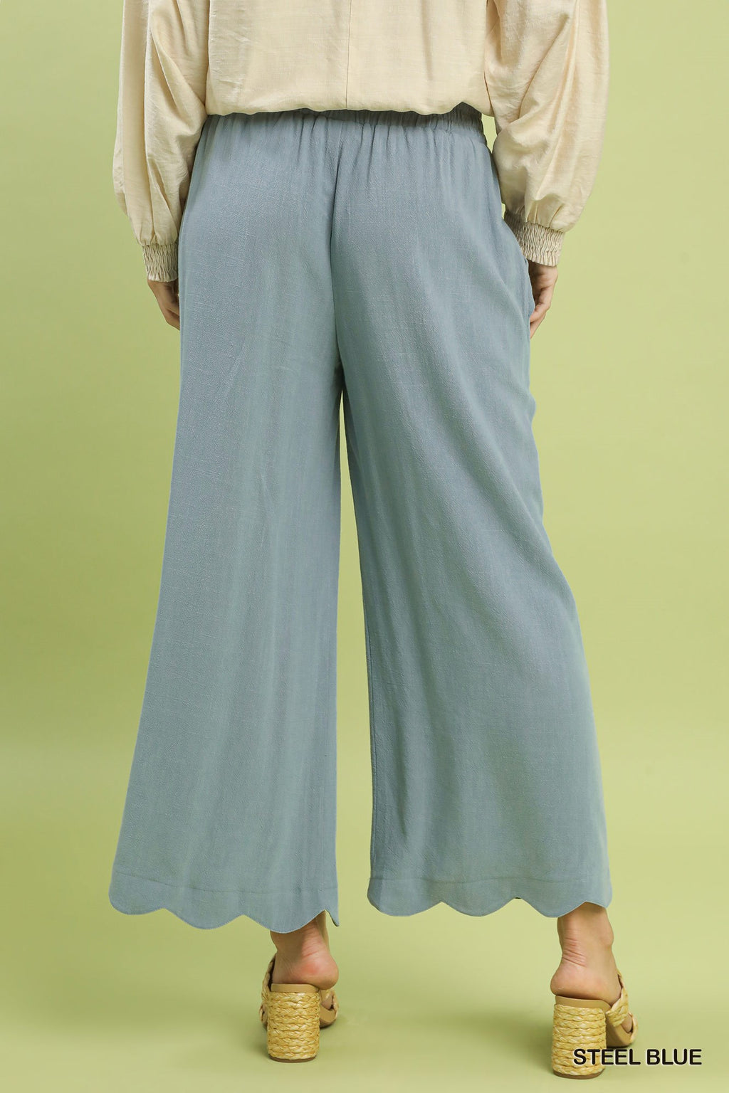 Linen Blend Scallop Hem Wide Leg Pants: Steel Blue