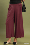 Linen Blend Scallop Hem Wide Leg Pants: Burgundy
