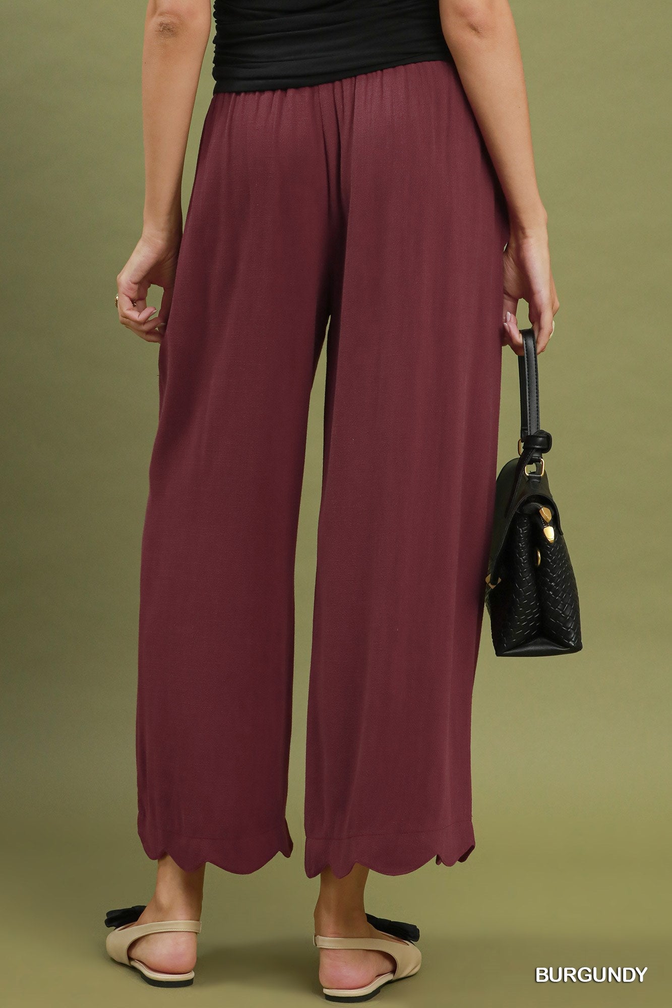 Linen Blend Scallop Hem Wide Leg Pants: Burgundy