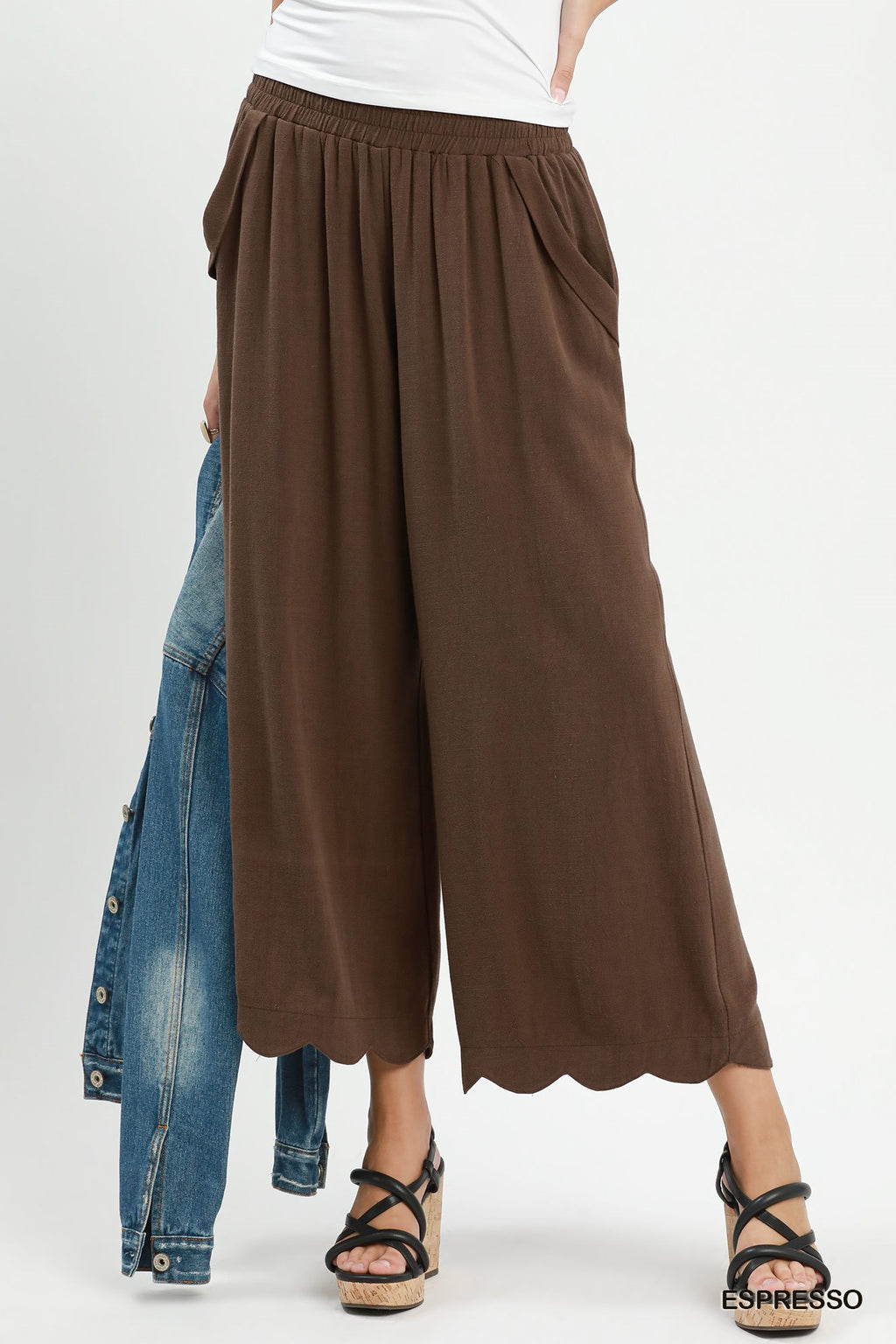 Linen Blend Scallop Hem Wide Leg Pants: Espresso