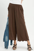 Linen Blend Scallop Hem Wide Leg Pants: Espresso