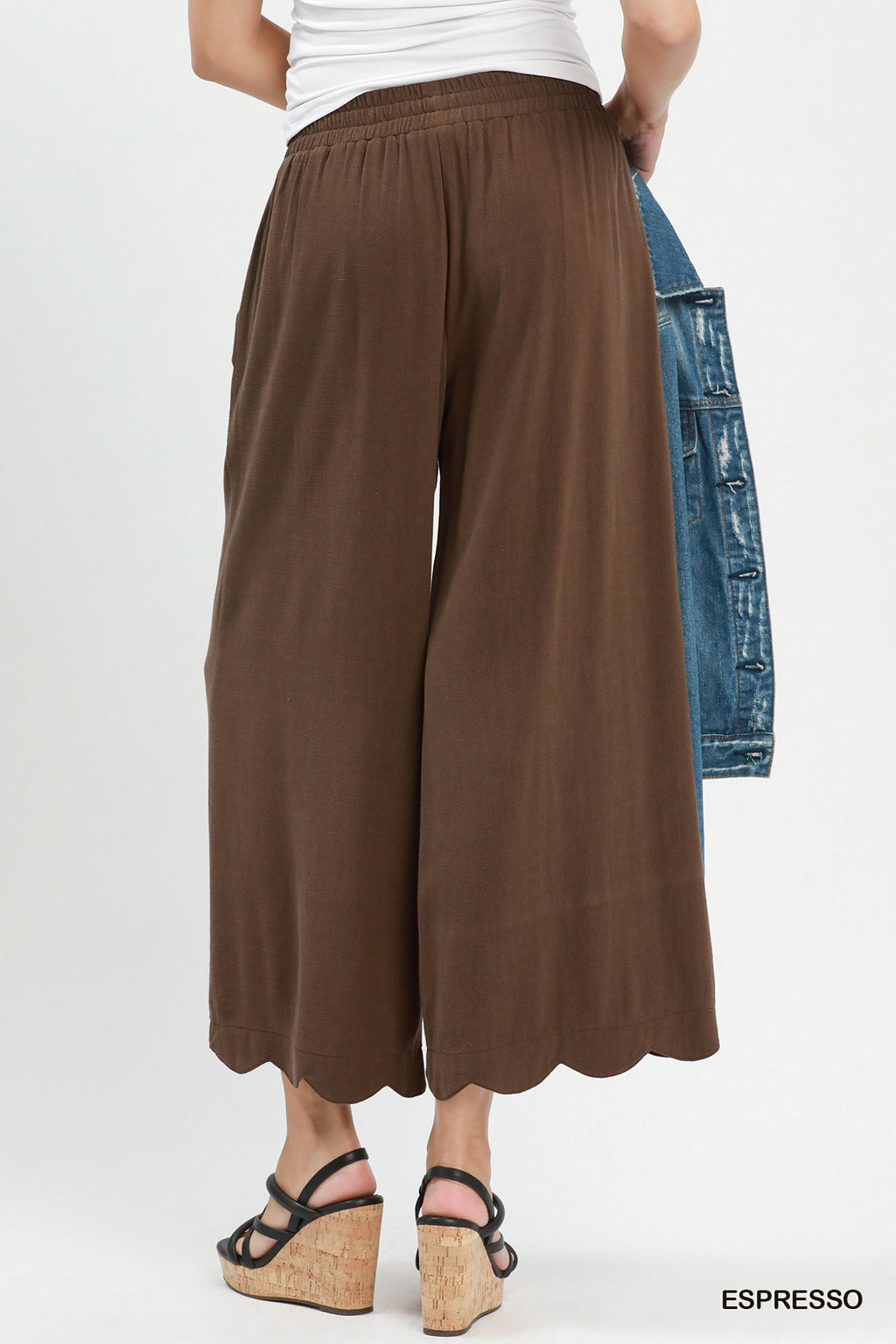 Linen Blend Scallop Hem Wide Leg Pants: Espresso