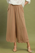 Linen Blend Scallop Hem Wide Leg Pants: Latte