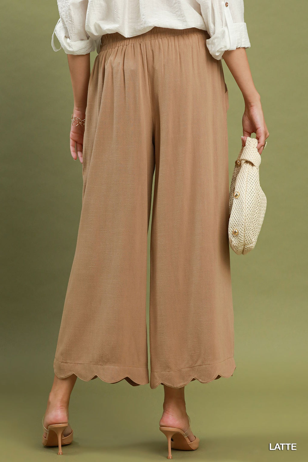 Linen Blend Scallop Hem Wide Leg Pants: Latte