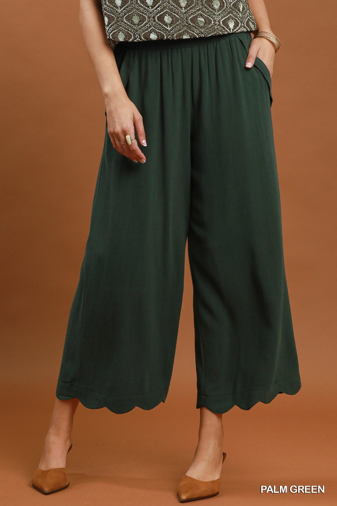 Linen Blend Scallop Hem Wide Leg Pants: Palm Green