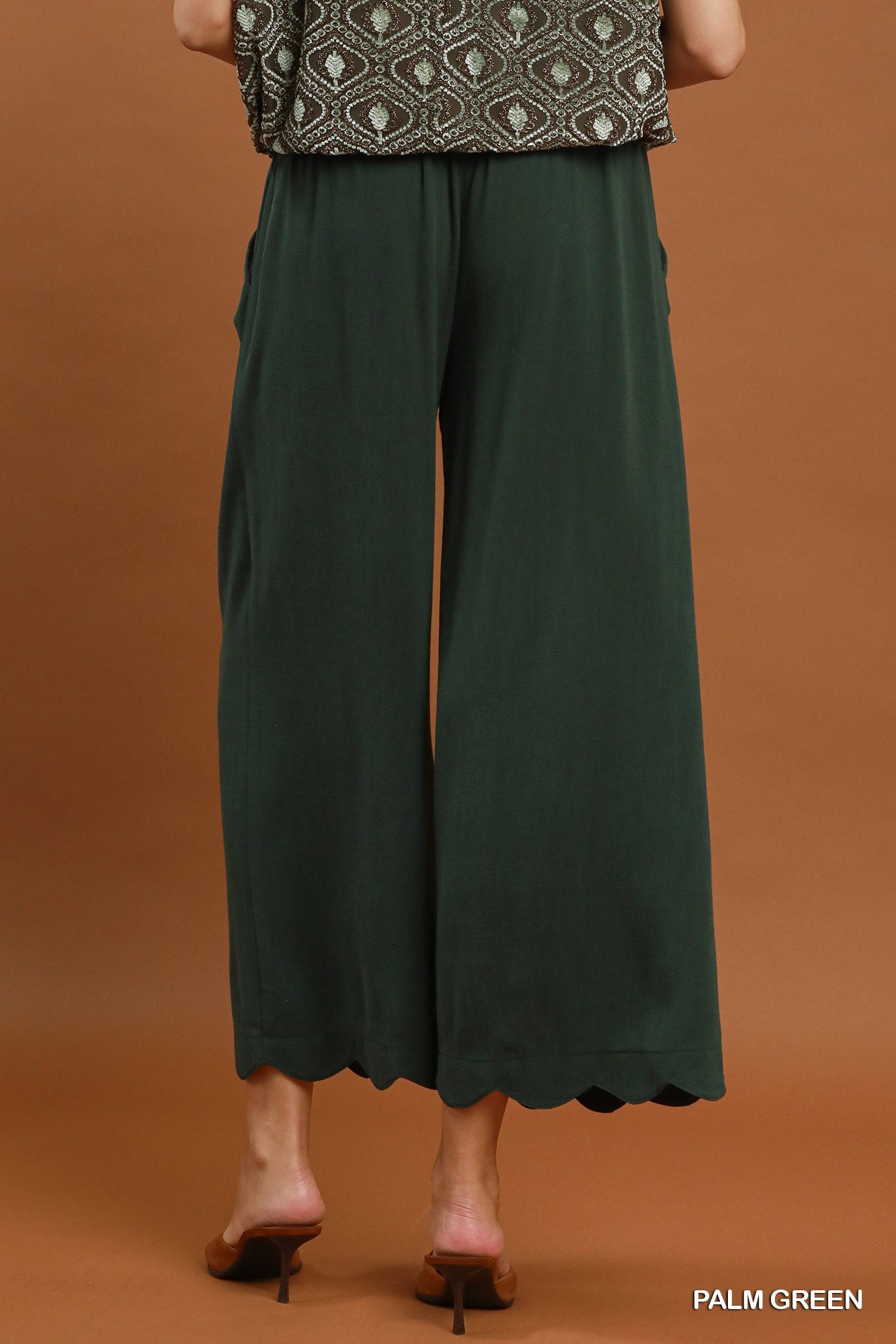 Linen Blend Scallop Hem Wide Leg Pants: Palm Green