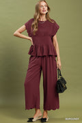 Linen Blend Smocked Peplum Top: Burgundy