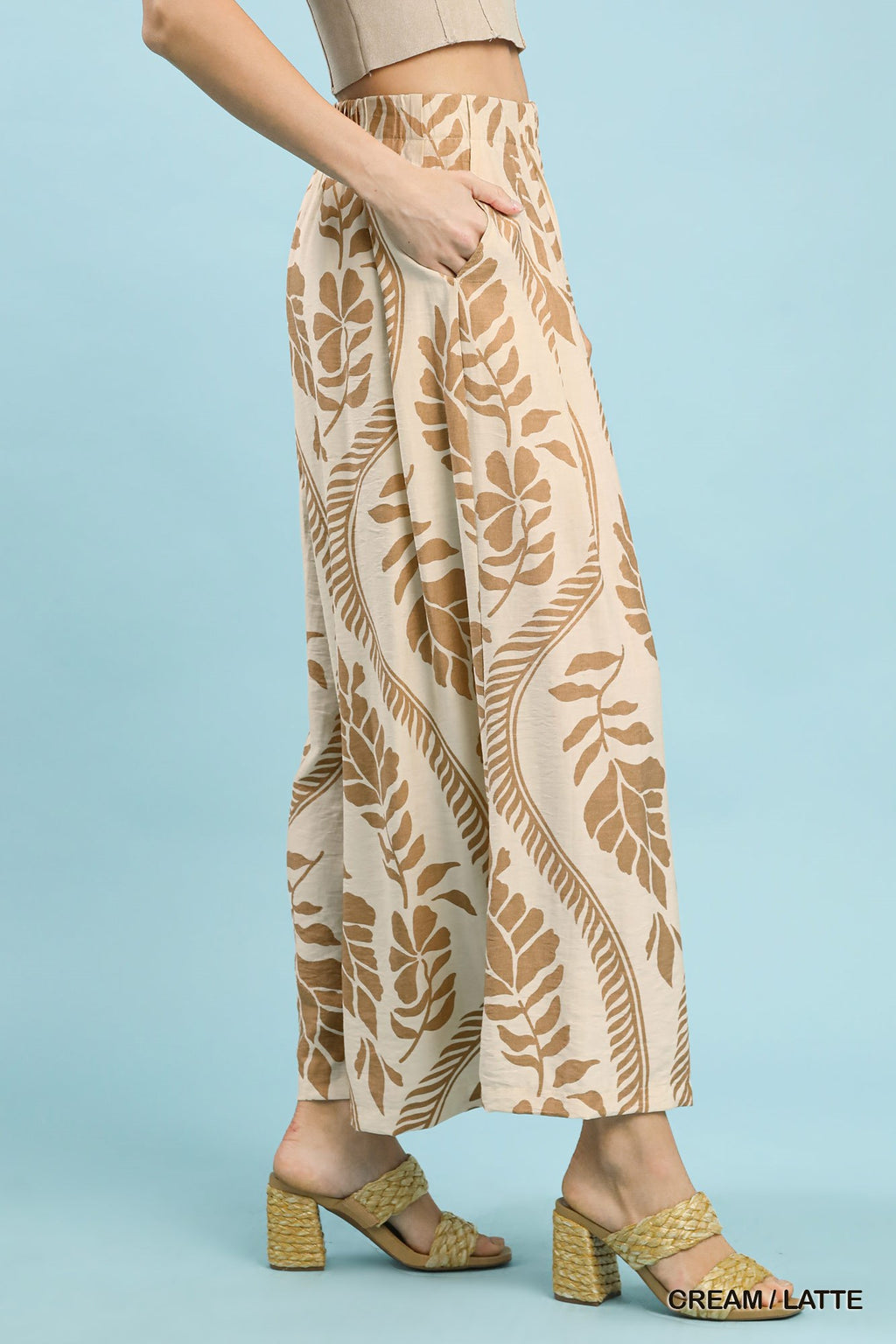 Tropical Leaf Print Wide Leg Pants - Cream/Latte