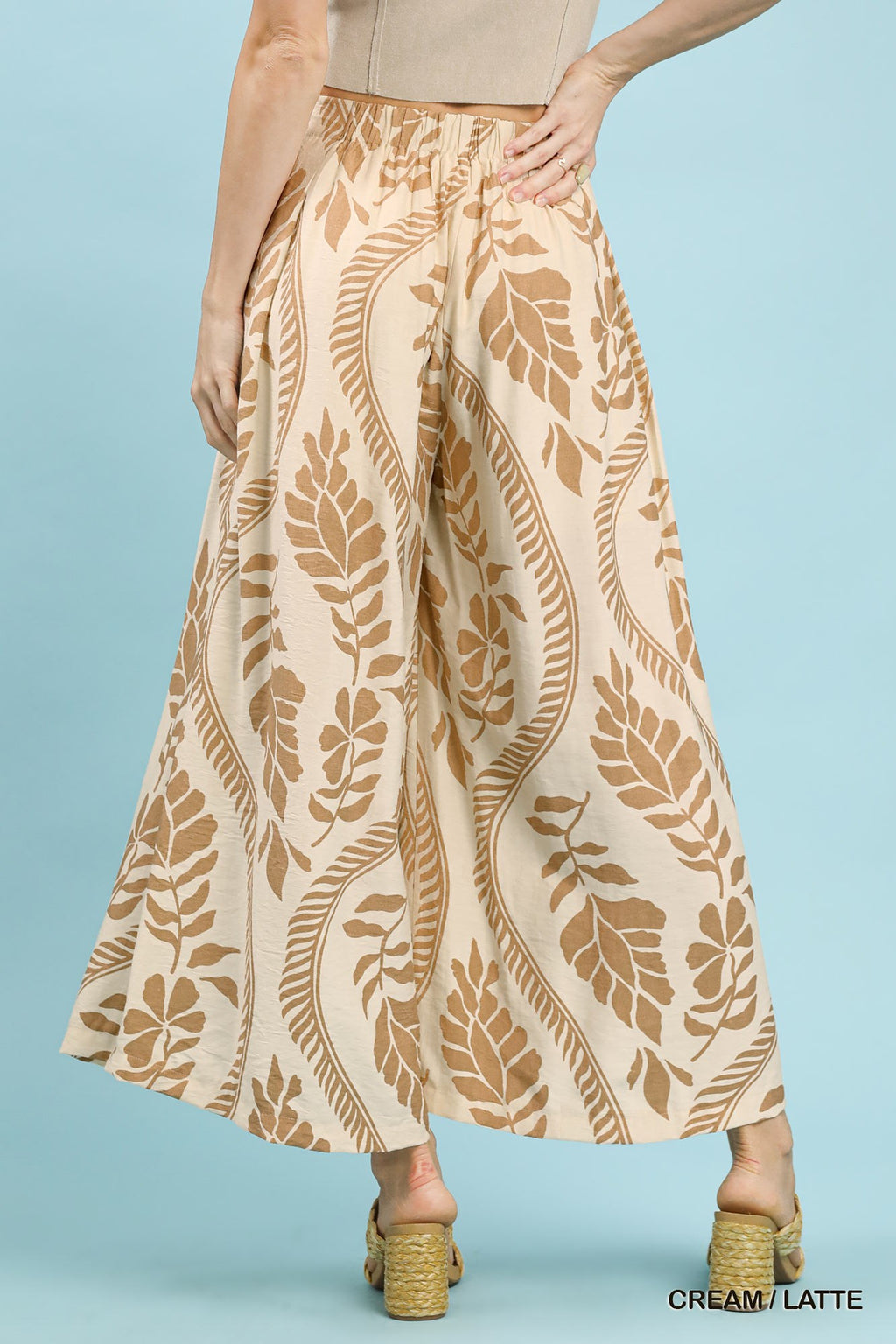 Tropical Leaf Print Wide Leg Pants - Cream/Latte
