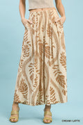 Tropical Leaf Print Wide Leg Pants - Cream/Latte