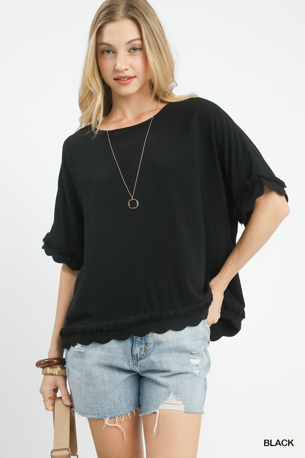 Linen Frayed Hem Scallop Edge Top: Black