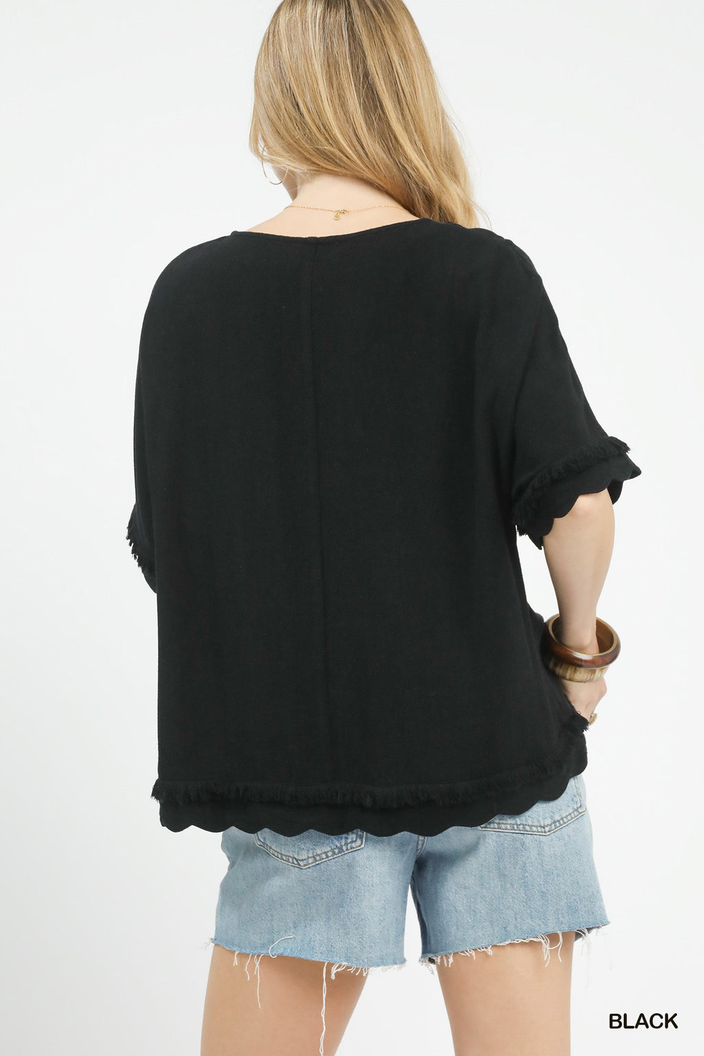 Linen Frayed Hem Scallop Edge Top: Black