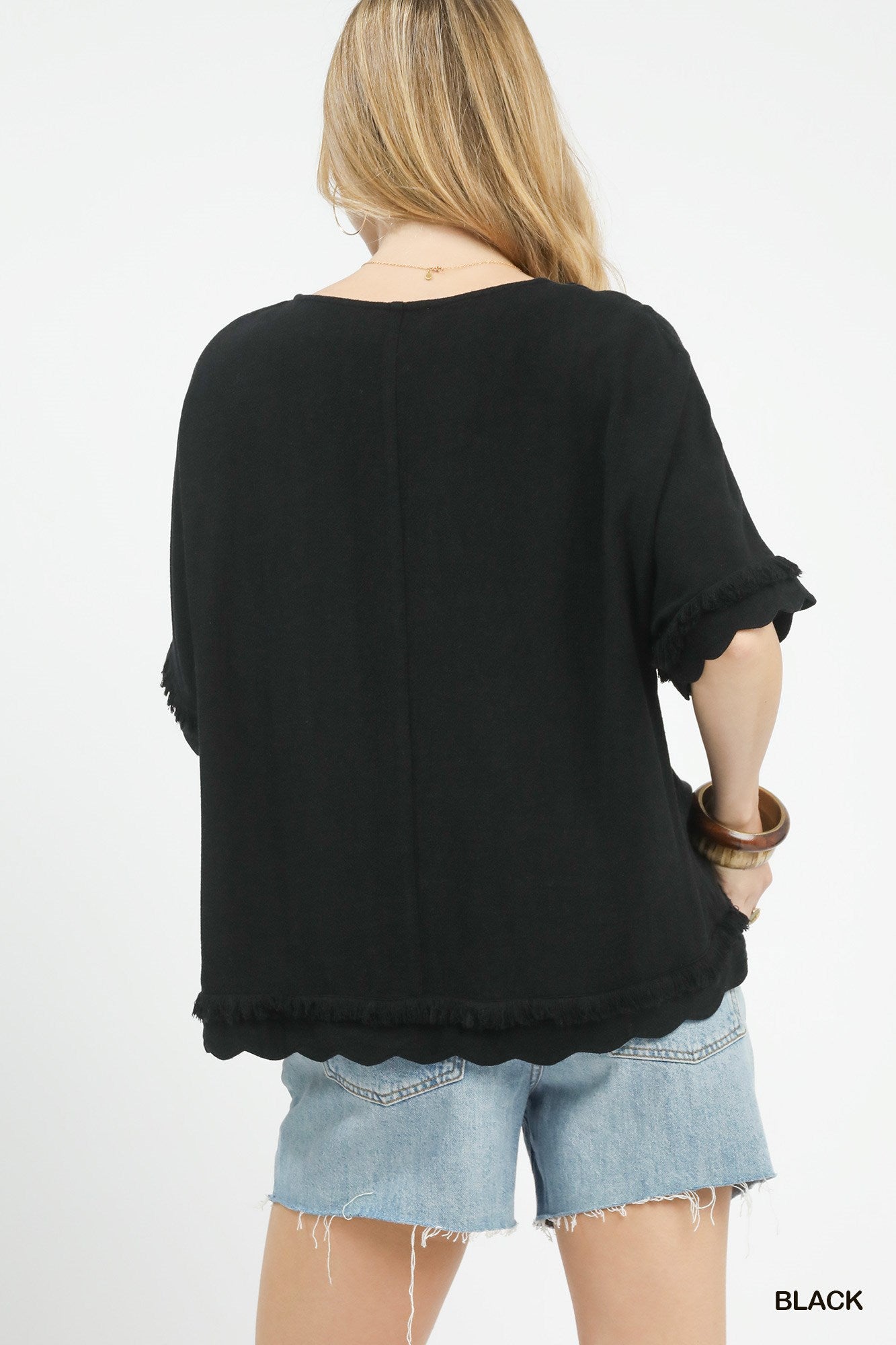 Linen Frayed Hem Scallop Edge Top: Black