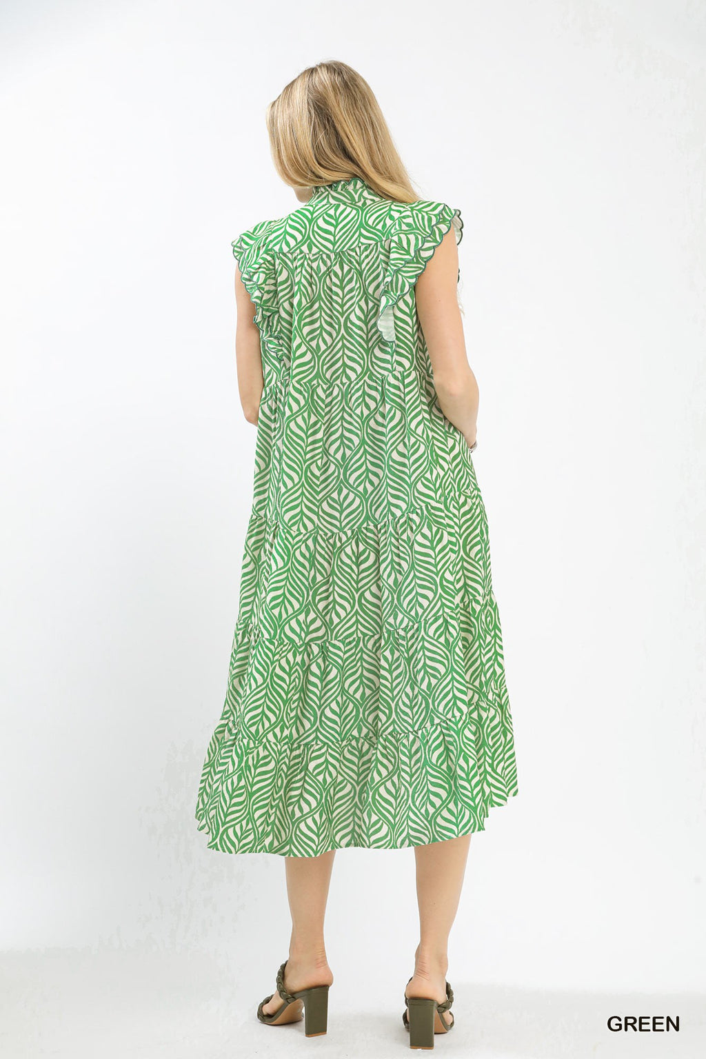 Green Leaf Print Tiered Midi Dress