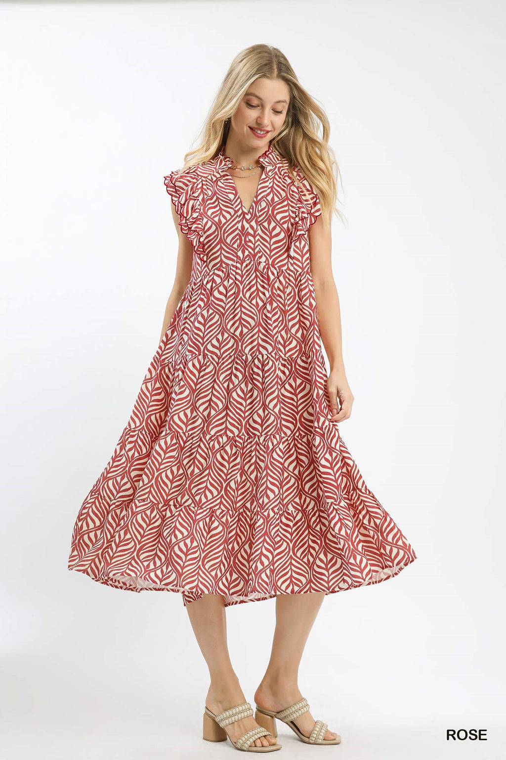 Rose Leaf Print Tiered Midi Dress