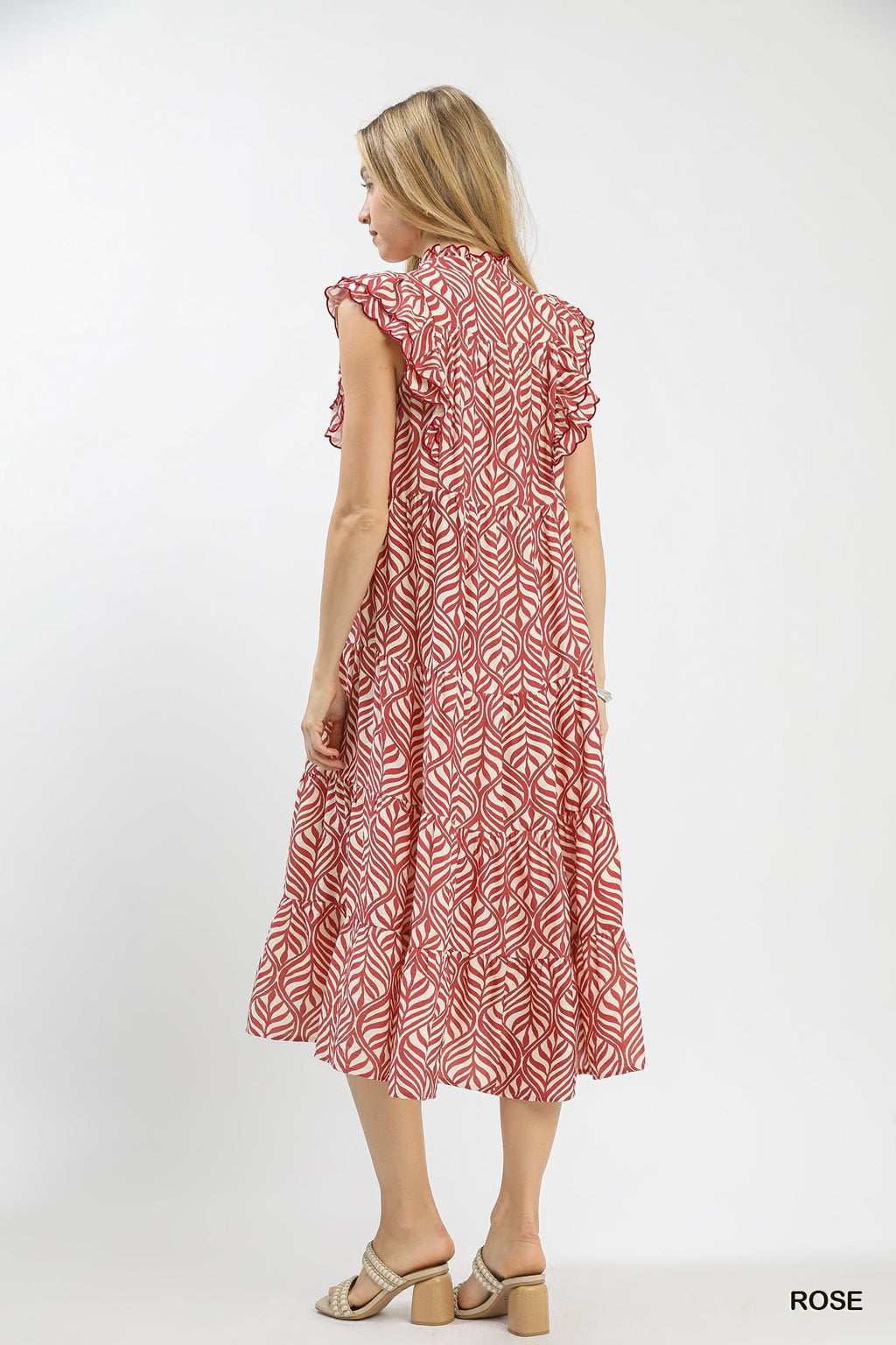 Rose Leaf Print Tiered Midi Dress