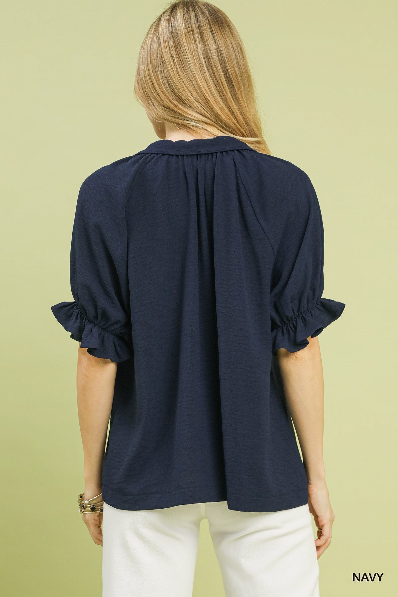 Solid Collared V-Neck Top: Navy