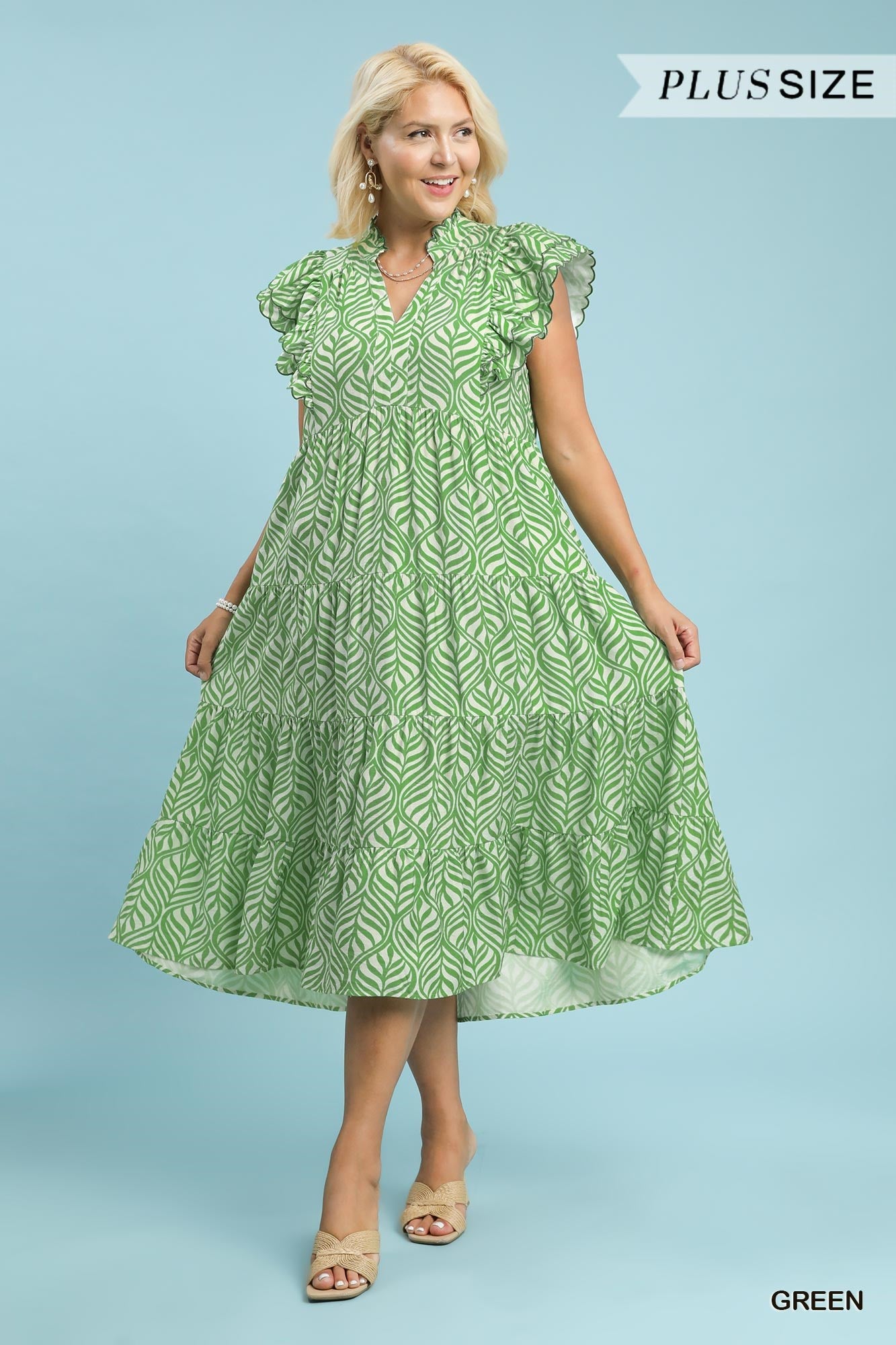 Green Leaf Print Tiered Midi Dress