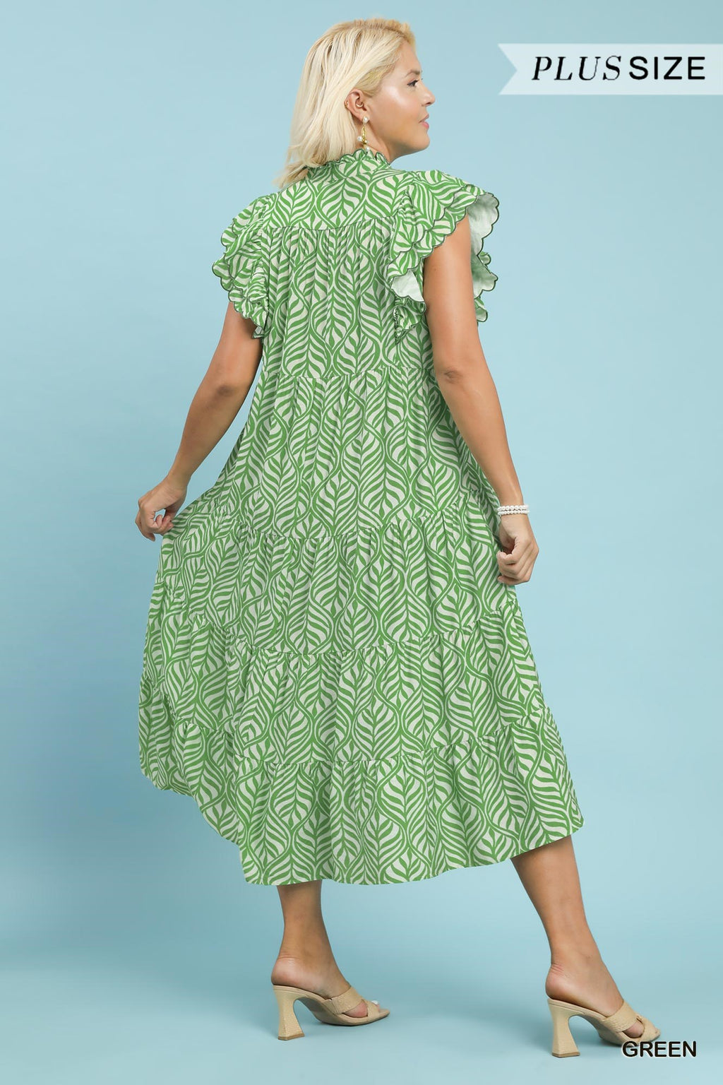 Green Leaf Print Tiered Midi Dress