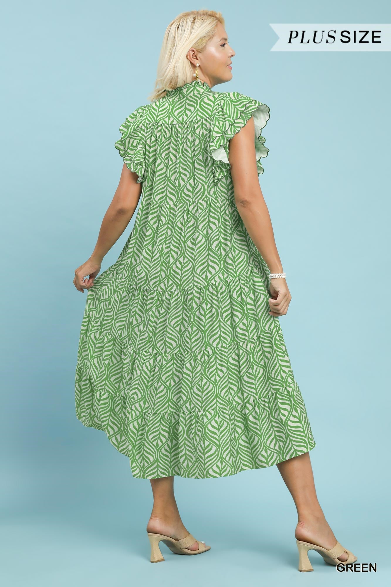 Green Leaf Print Tiered Midi Dress