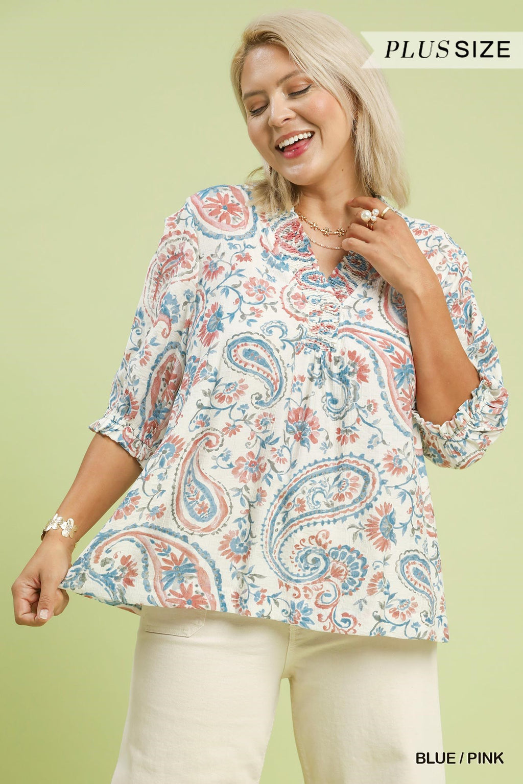 Smocked V-Neck Paisley Top