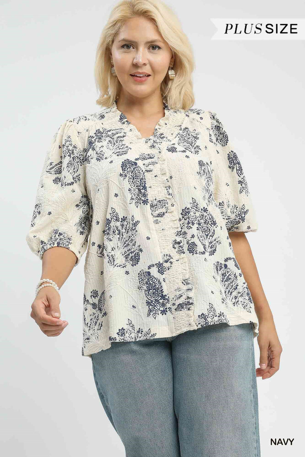 Floral Embroidered Blouse with Ruffle Trim