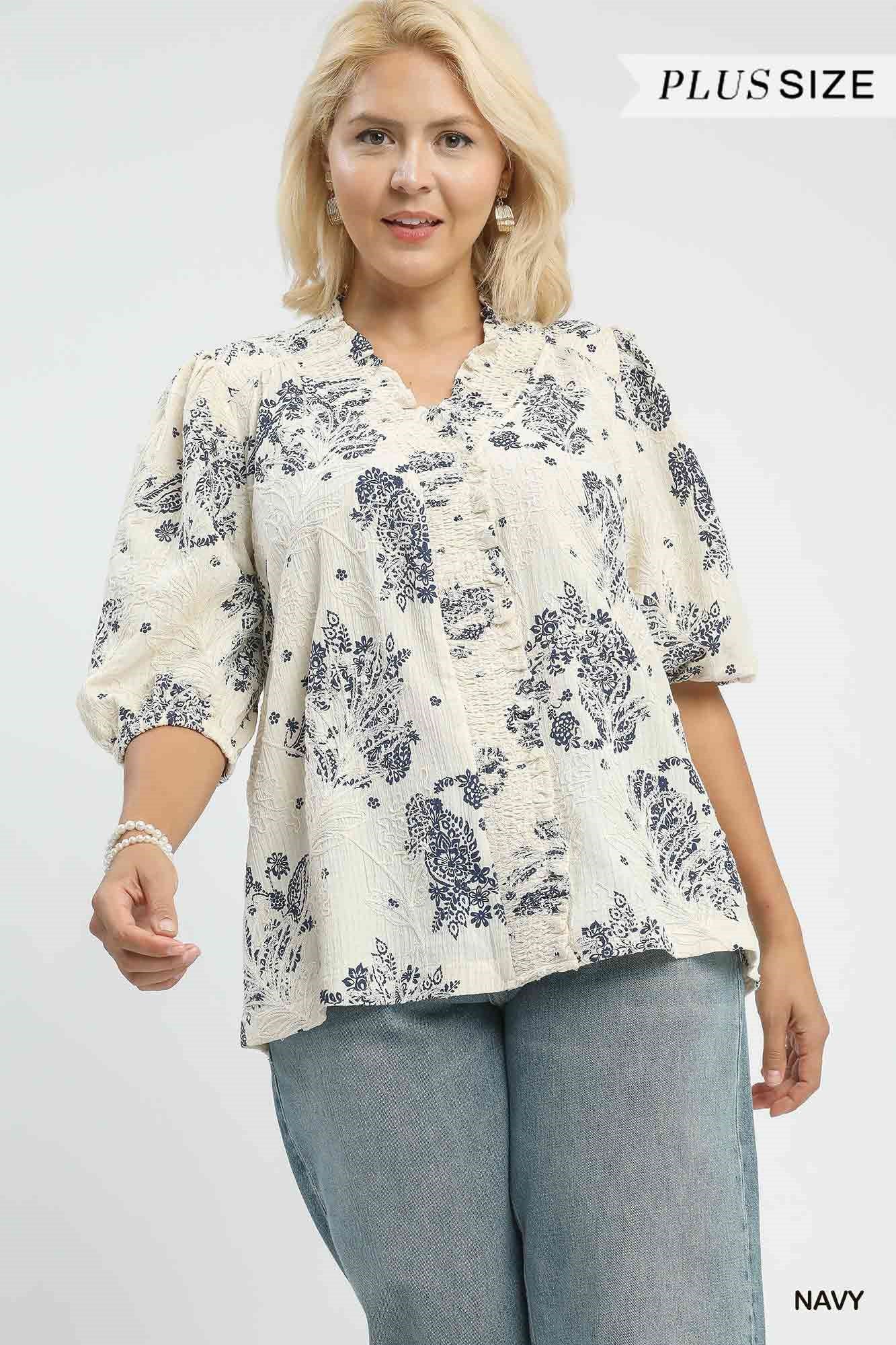 Floral Embroidered Blouse with Ruffle Trim