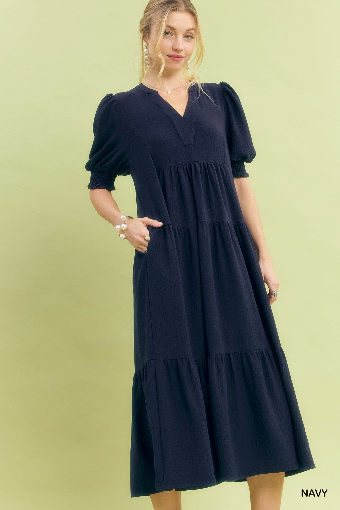 Solid V-Neck Tiered Midi Dress