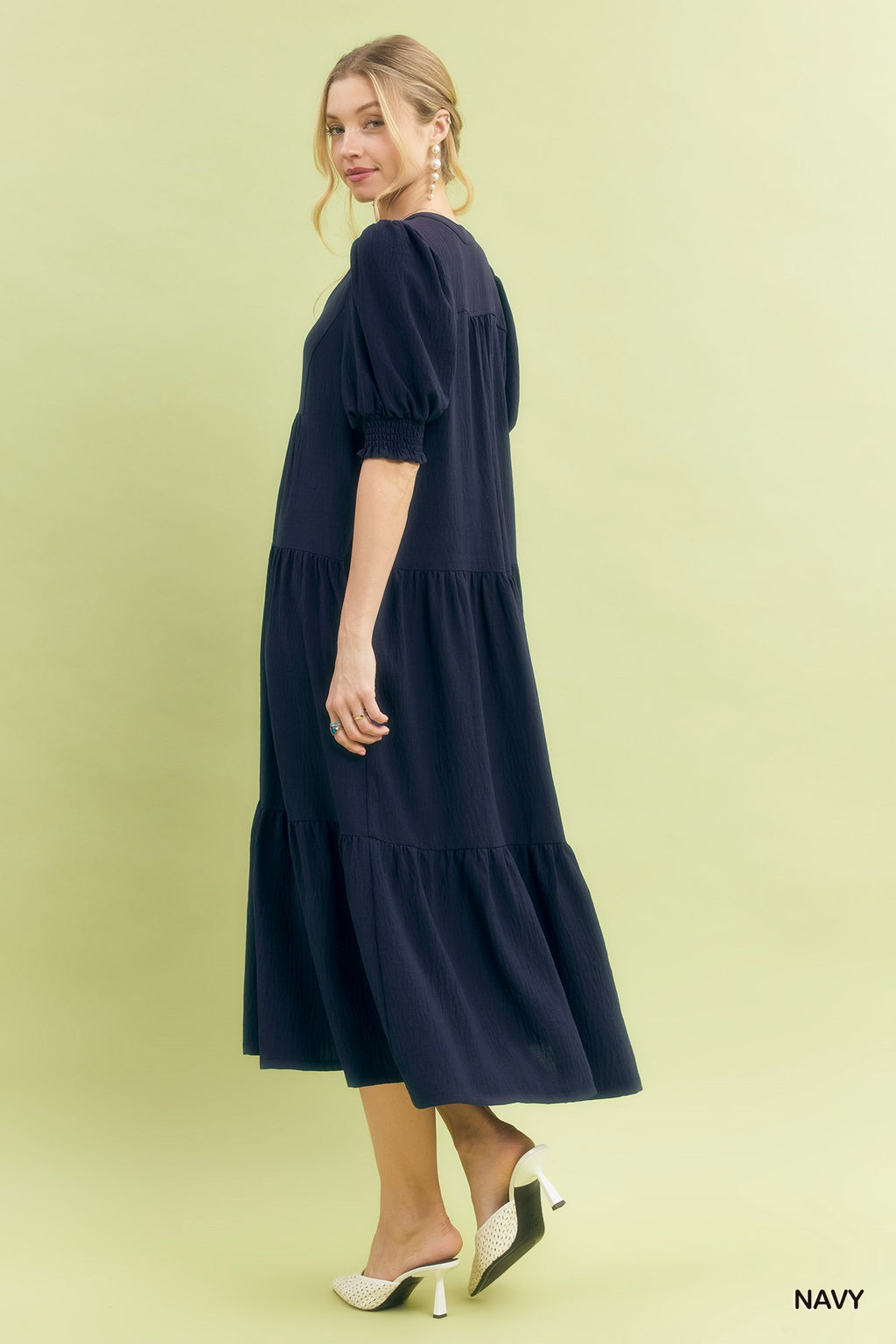 Solid V-Neck Tiered Midi Dress