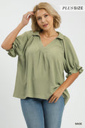 Solid Collared V-Neck Top: Sage