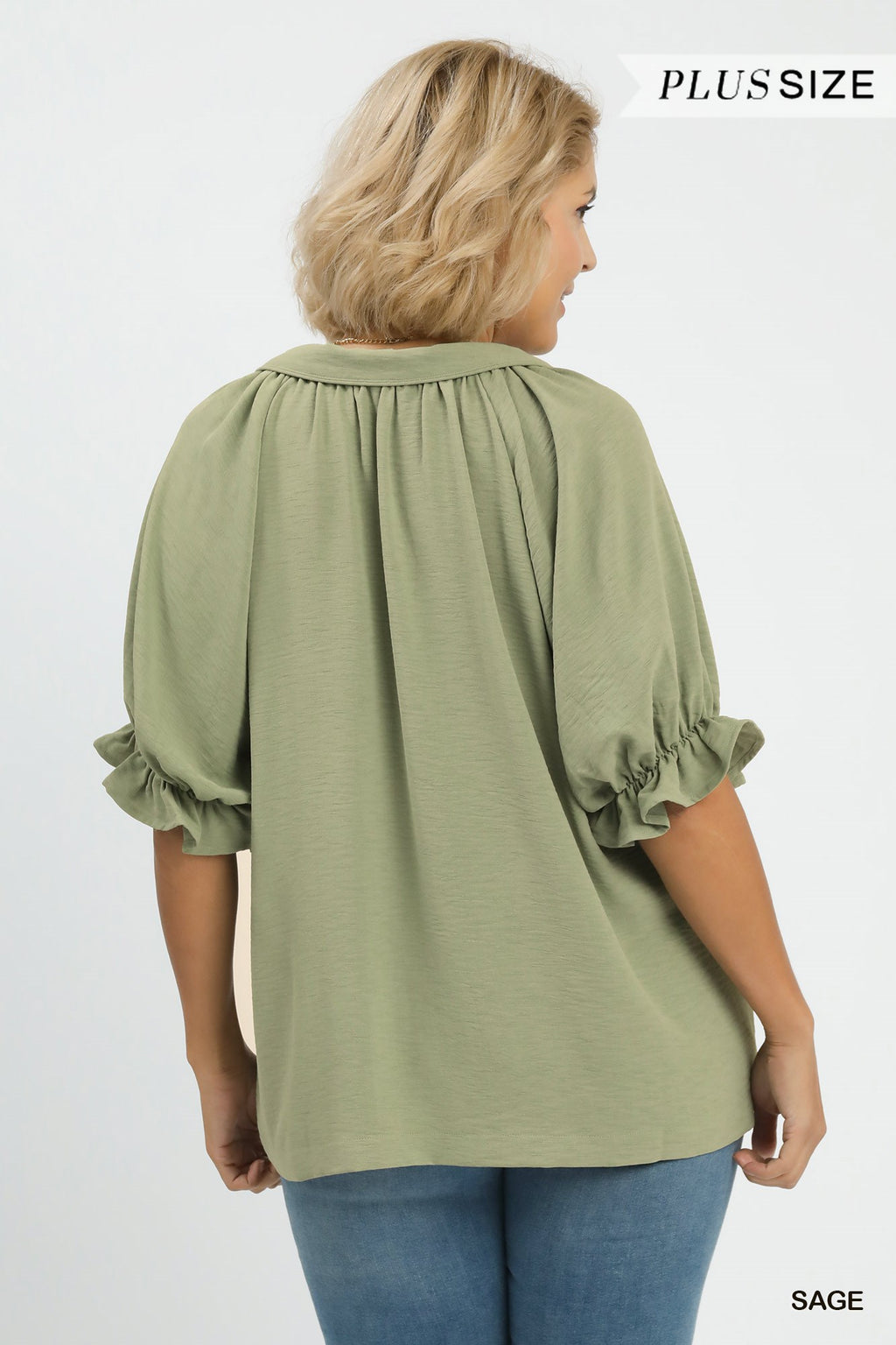 Solid Collared V-Neck Top: Sage