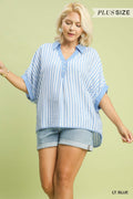 Umgee Stripe Collared Oversized Top - Lt. Blue