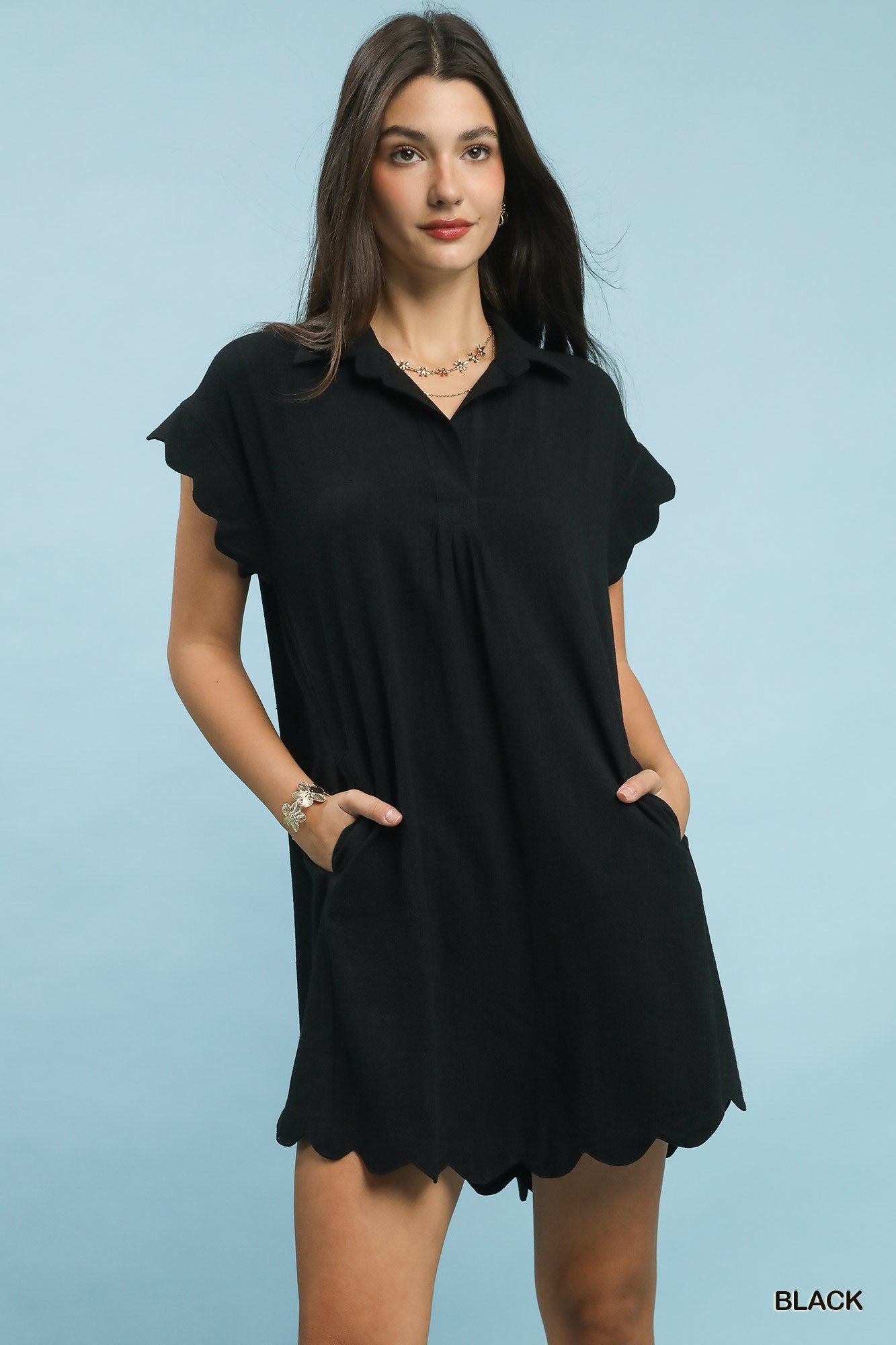 Linen Scalloped Hem Dress: Black